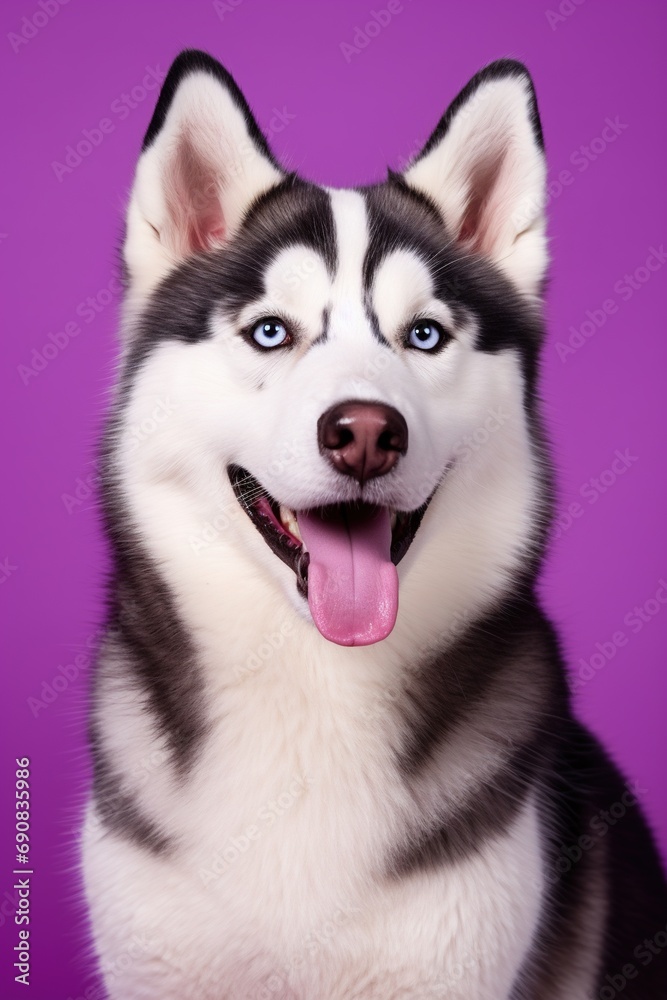 A close-up portrait of a husky dog with blue eyes and a purple background A close-up portrait of a husky dog with blue eyes and a purple background