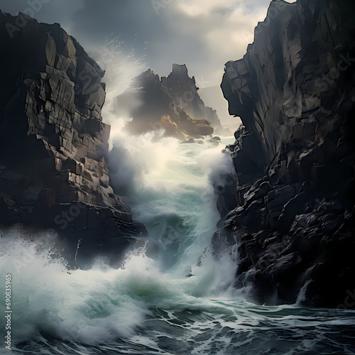 Waves crashing against rugged coastal cliffs