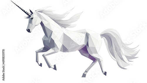 White unicorn low poly illustration; mockup, transparent png without background