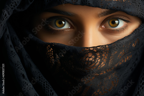 Portrait of woman in traditional veil with intricate lace detailing. Her eyes are the focal point