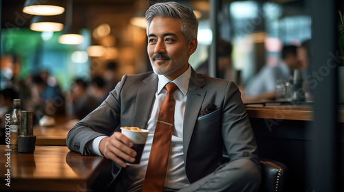 Asian businessman dressed in a sharp, tailored suit, seated comfortably in a modern coffee shop.