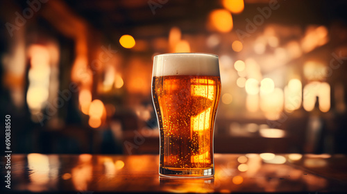 close up of an appetizing and refreshing beer on a blurred background photo