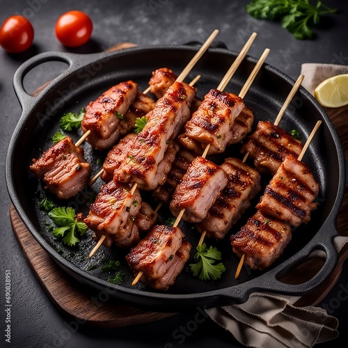 photograph of a freshly fried pork kebab in a pan on a table-dark background with soft-lightening