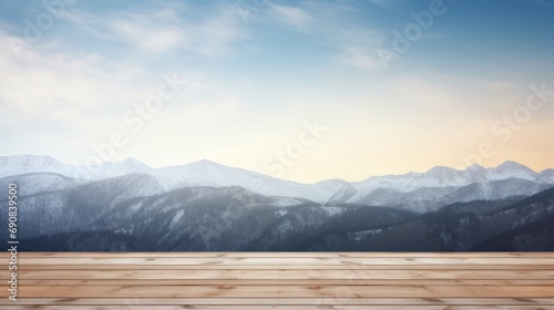 Wooden Terrace blurred and Christmas background Empty Wood table top perspective in front beautiful winter landscape natural sky with light and mountain blur background image for product display © ND STOCK