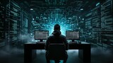 A hacker is sitting in front of a laptop background matrix style generated by AI