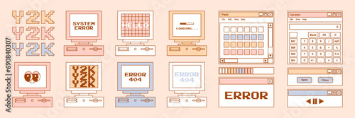 User Interface y2k stickers. Retro personal computers icon, windows, buttons, screen computer, notifications and more. Nostalgia pc elements and operating system. Delicate pastels vector illustration.