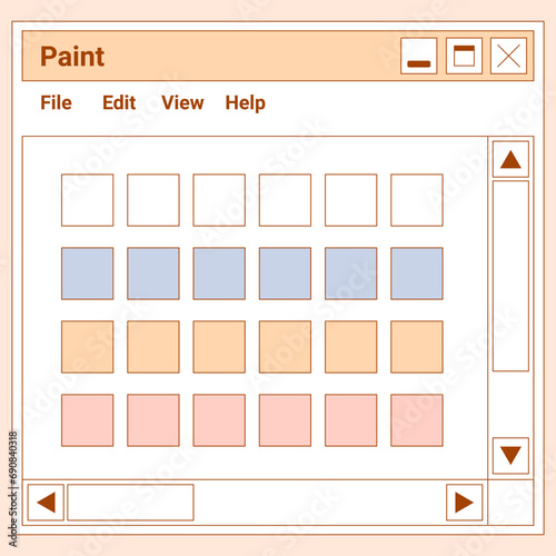 User Interface y2k sticker. Retro Browser window Paint, colors palette. Flat style. Nostalgia pc elements and operating system. Delicate pastels vector illustration.