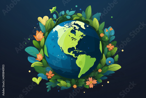 Earth day concept with green leaves  planet earth and flowers on dark blue background. Generative ai