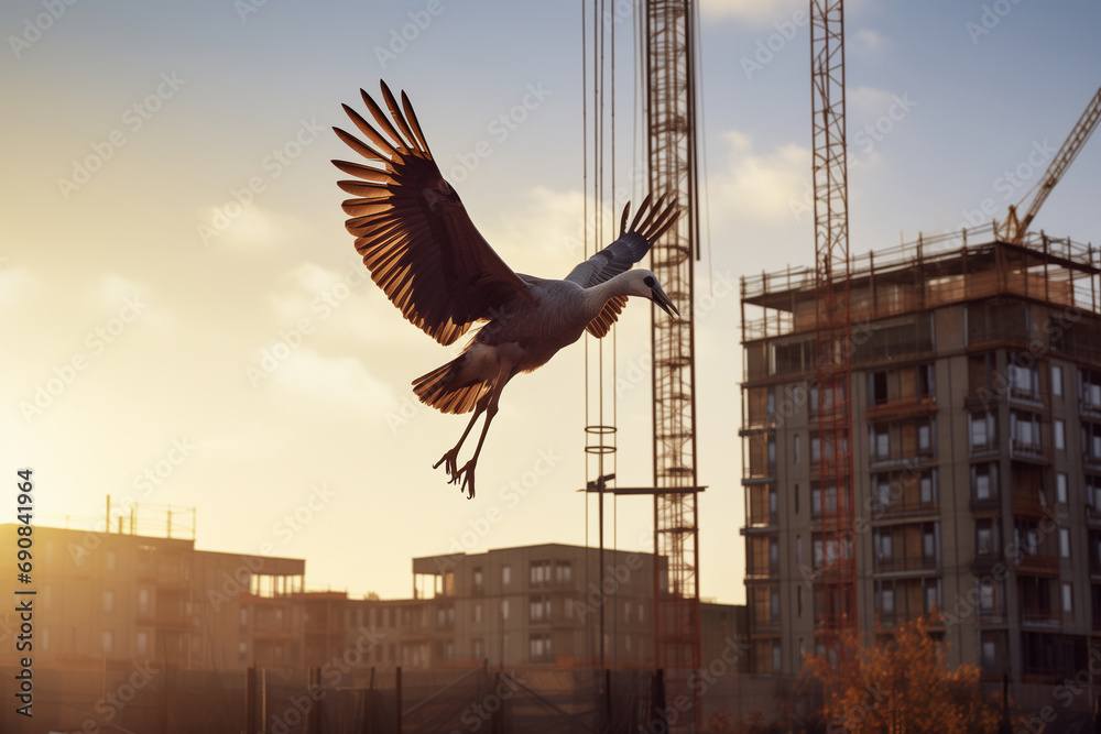 Fototapeta premium crane in the sunset with a majestic crane bird in the center, construction site, buildings under construction, battle between nature and civilization environment wildlife in the city endangered nature