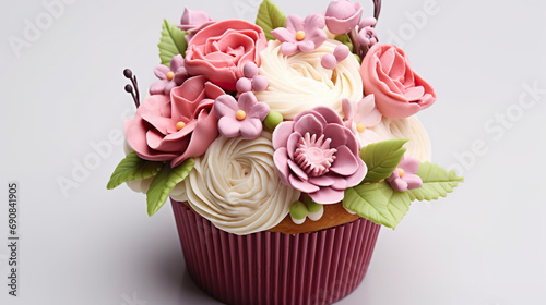 Very pretty cupcake arrangement for a birthday party with flowers  buttercream  natural light on white background.