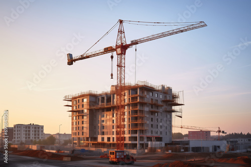 construction site with crane, sunset, residential and office buildings under construction