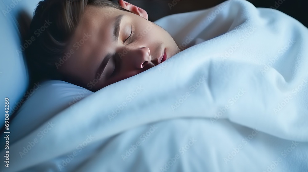 Caucasian man sleeps under warm plaid on soft bed at home closeup. Handsome black guy dreams lying on pillows in cozy bedroom. Young man naps comfortably in semi dark hotel room Caucasian man sleeps under warm plaid on soft bed at home closeup. Handsome black guy dreams lying on pillows in cozy bedroom. Young man naps comfortably in semi dark hotel room