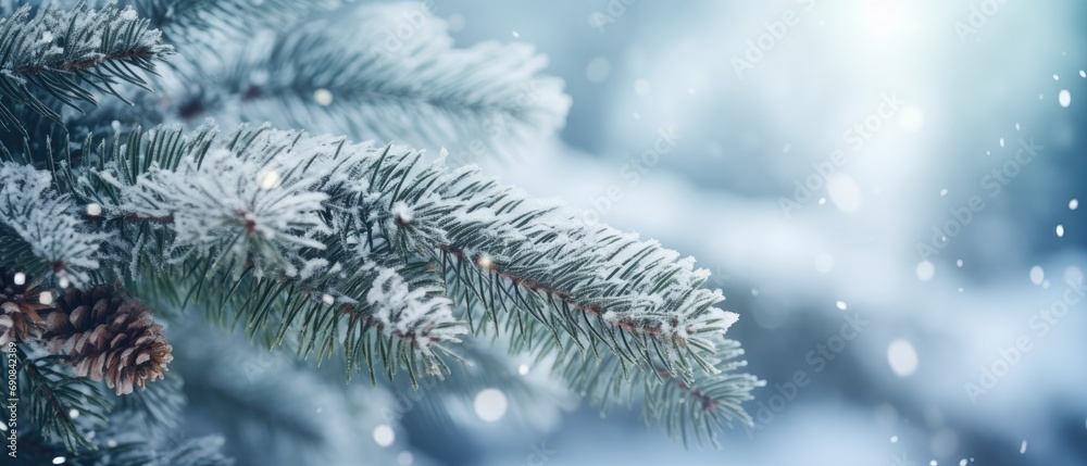 Frosty pine branch close-up with snowflakes, winter backdrop. Seasonal holiday background.