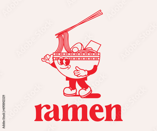 Retro Poster cartoon character of ramen, japanese food Graphic Design for T shirt Street Wear and Urban Style