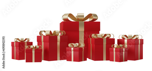 3D rendering pile of red gift boxes with gold ribbon isolated on transparent background, PNG file.	