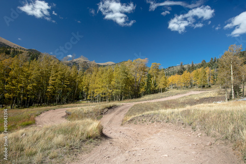 Curving four wheel drive road [Medano Pass primitive road] through the Sangre De Cristo range of the Rocky Mountains in Colorado United States photo