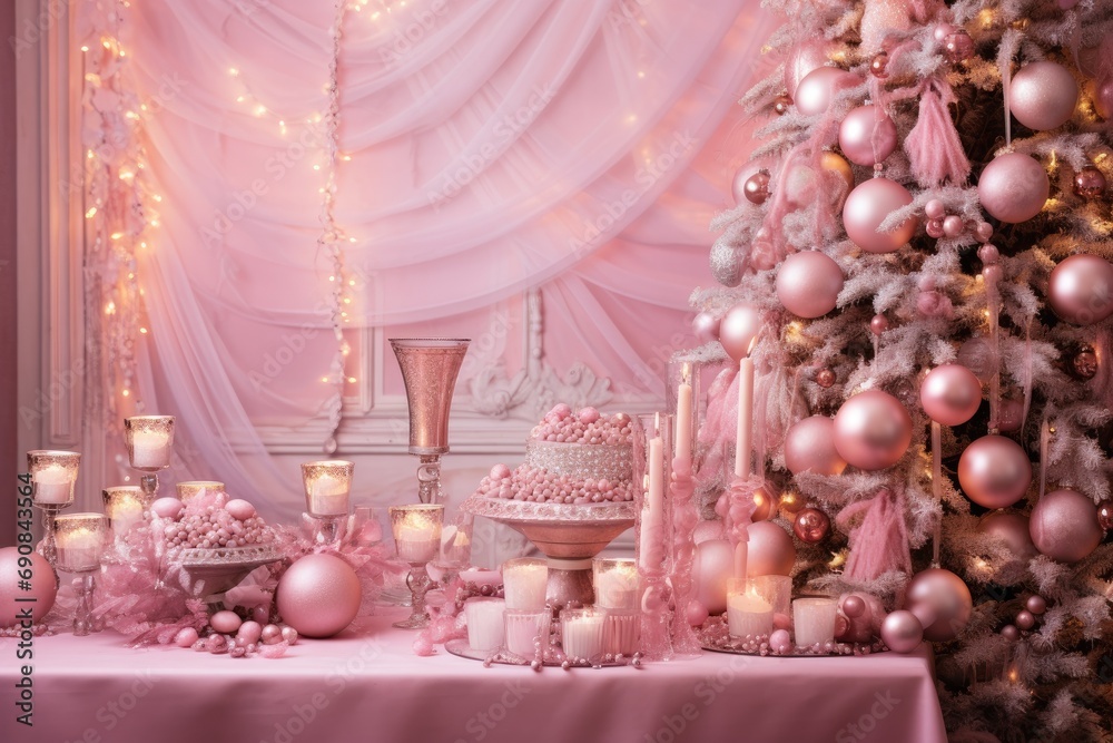 Elegant Christmas table setting with pink decorations and festive tree. Holiday celebration Elegant Christmas table setting with pink decorations and festive tree. Holiday celebration