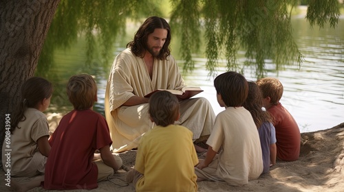 Jesus sitting in clearing under tree reading book and smiling with children. Jesus teaches children new knowledge by reading book under tree on warm summer day. Jesus shares knowledge with children