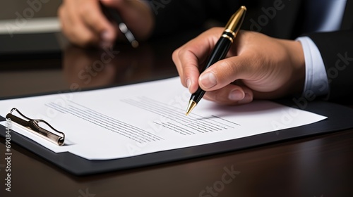 Cropped photo of a lawyer signing documents in court.