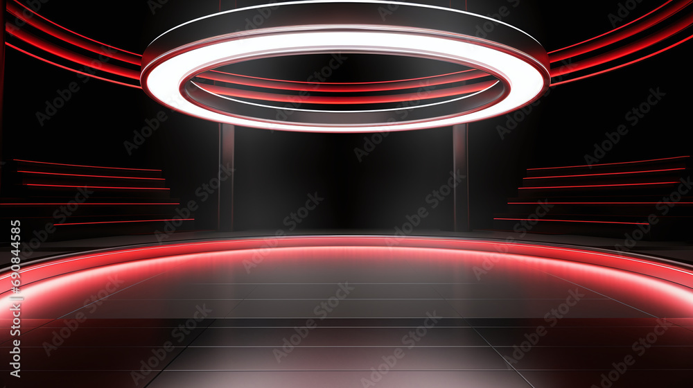 Modern circular red neon light stage with halo illumination, perfect for high-tech presentations and events. AI Generative - obrazy, fototapety, plakaty 