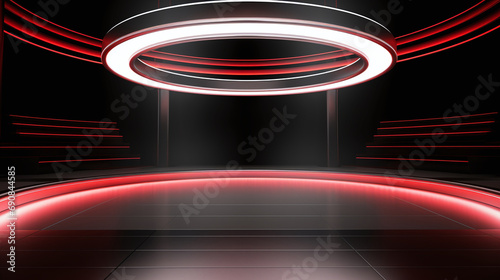 Modern circular red neon light stage with halo illumination, perfect for high-tech presentations and events. AI Generative