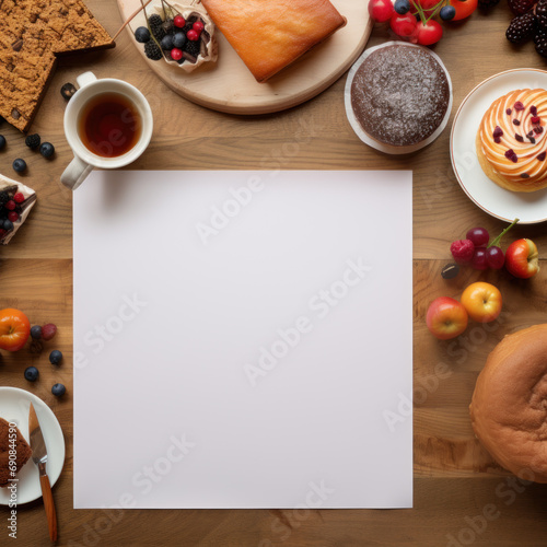 chocolate cookies, cake and empty paper dark wooden background, top view with copy space