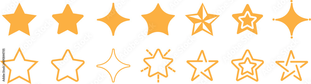 Fototapeta premium Set of Yellow flat Stars Icons. Minimalist silhouette stars with editable stock. Modern geometric elements, shining stars, abstract sparkle silhouettes symbols Collection on transparent background.