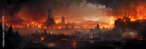 The destroyed city after the war with dark clouds.