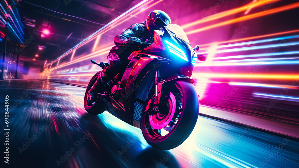 Racing motorcycle on speedway in a night city, with neon lights.