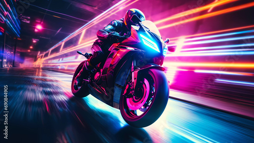 Racing motorcycle on speedway in a night city  with neon lights.