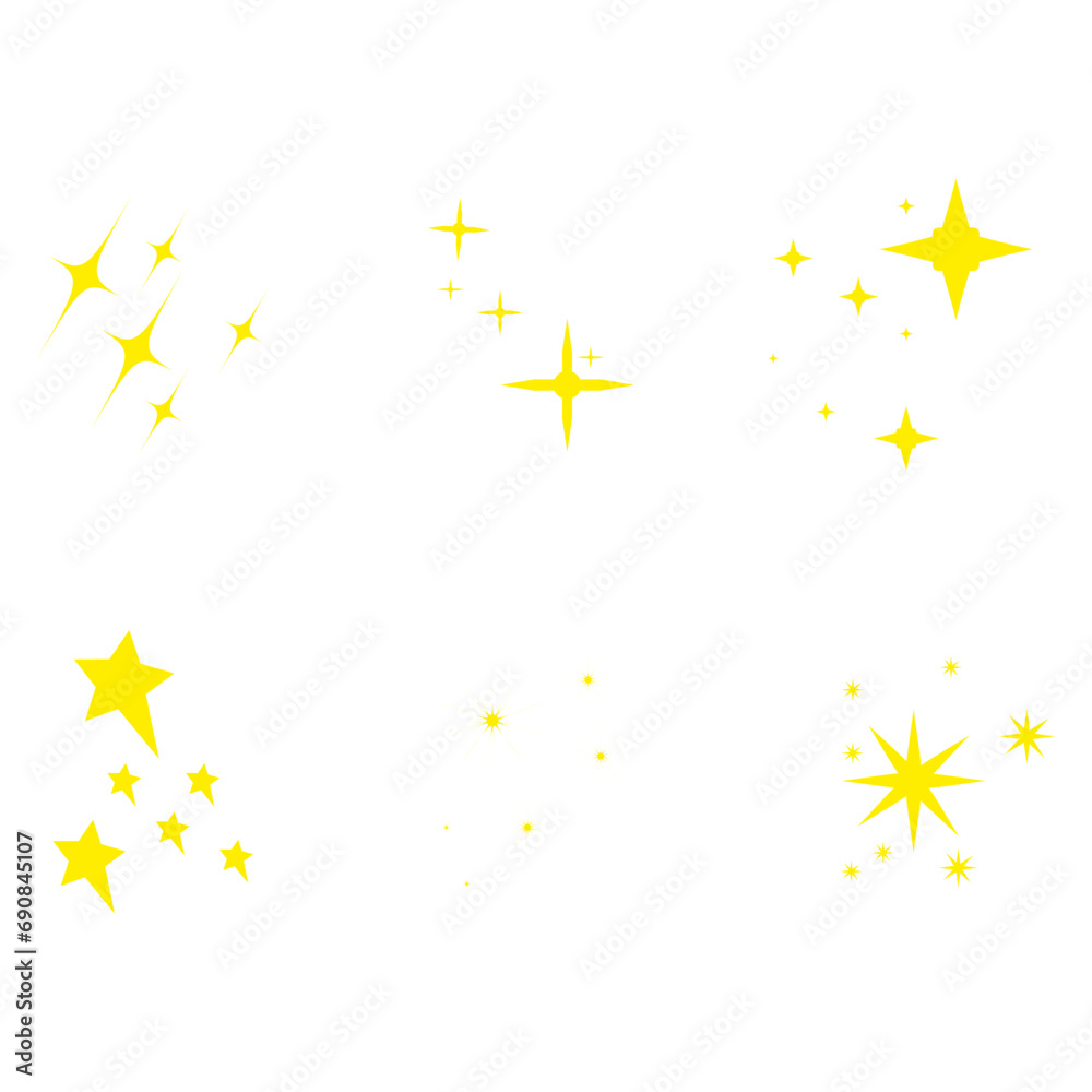 Yellow Sparkle Icon Set. Glittering Stars. Isolated Vector Illustration. 