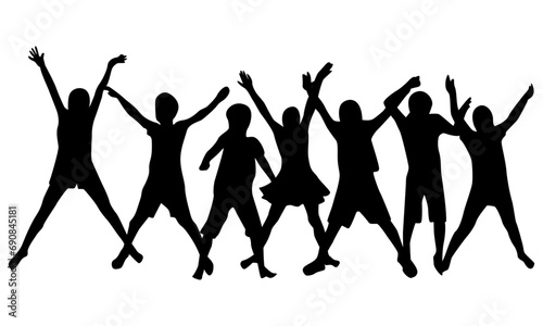 Friendly happy kids jumping together in park on summer Black and white vector icon.