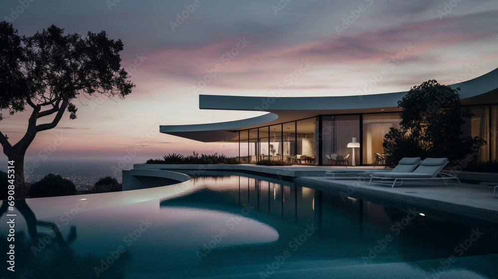 Fototapeta premium Seascape Symphony: Architectural Marvel in California, generative ai