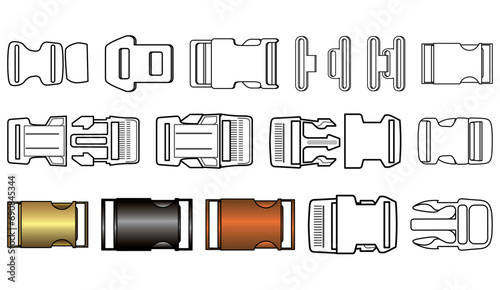Quick Release buckles flat sketch vector illustration, set of bag accessories, lock, Clips, Berg and ladder locks buckles for back packs, climbing equipment, garments dress fasteners and Clothing belt photo