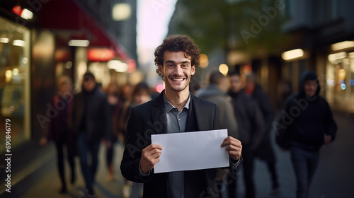 Young happy business man wearing a suit holding a blank sign in the middle of the street