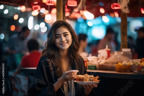 Beautiful taiwanese woman holding food smiling at night market