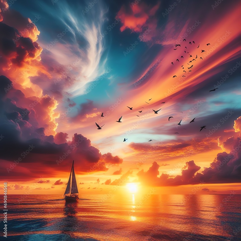 Sailboat at Sunset with Dramatic Clouds and Birds