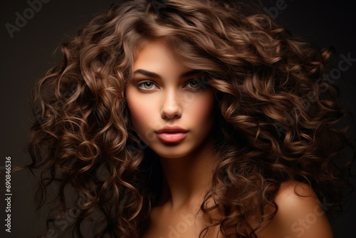 A Beautiful girl with brown curly hair exude confidence looking at camera generated by AI