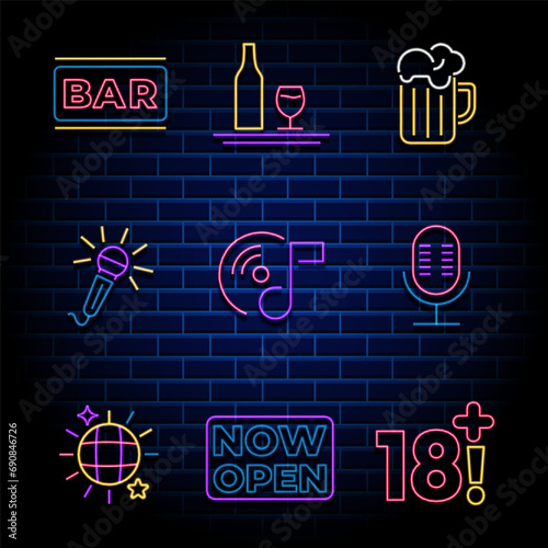 Set of beer bar music karaoke neon sign board. Bar music badges in neon light style vector illustration