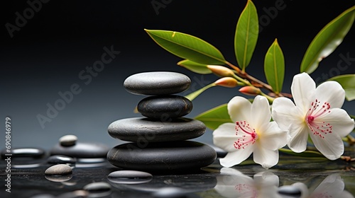 Black Stone Cairn with Bamboo and White Flower Rock Zen Aesthetic Spa Concept with Minimalist Composition Serenity in Nature Calming Atmosphere of Black Stone Cairn for Peaceful Wellness Background