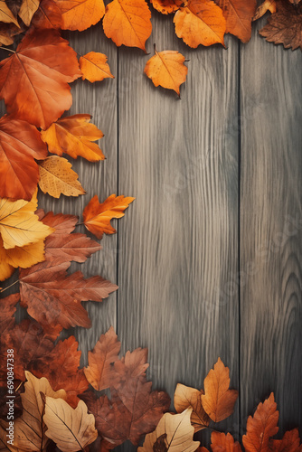 autumn background poster with maple leaves and wooden board  wooden background  autumn vibe and style