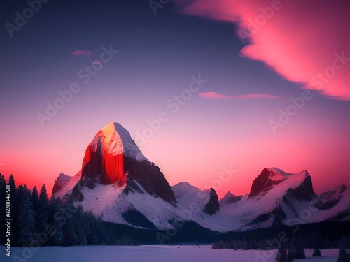 Foggy Snowy Mountains with Forest Foothill and Clouds in The Sky Illustration