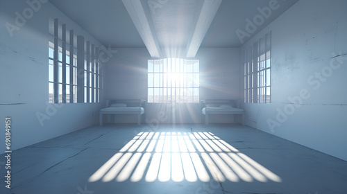 Abstract Illumination 3D Rendered Shadows Dance Across an Empty Gray Room with a Window Overlay Echoes of Solitude Navigating the Abandoned Corridors of a Forgotten Penitentiary generative AI