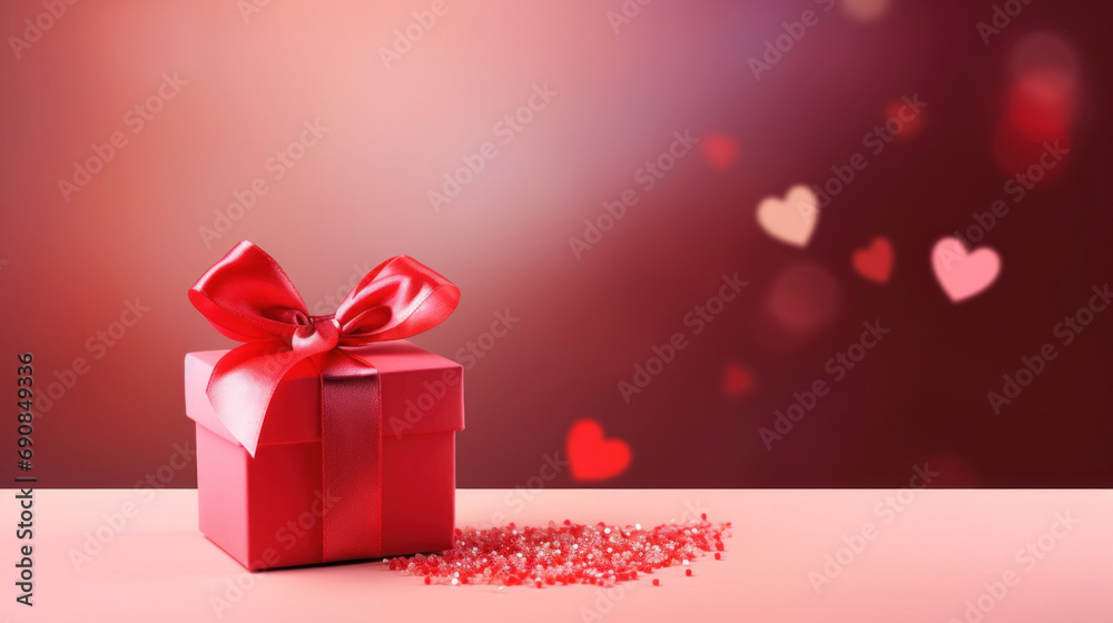 Red gift box on a pink background wuth heart shape bokeh
