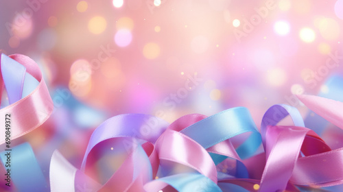 Confetti of pastel pink and blue ribbons on a bokeh background. Valentine's day backdrop photo