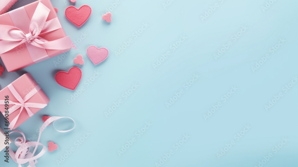 Pink gift boxes with hearts on blue background Pink gift boxes with hearts on blue background