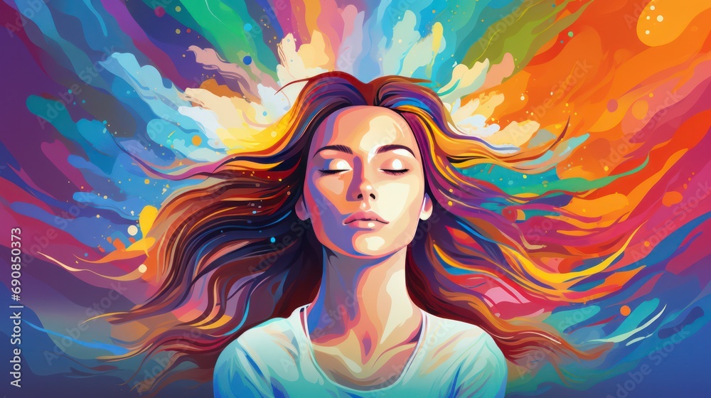 meditating woman in colorful background - obrazy, fototapety, plakaty 