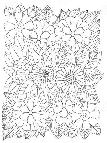 Black and white flower pattern for coloring. Doodle floral drawing. Doodle floral pattern in black and white. Page for coloring book for adults. 