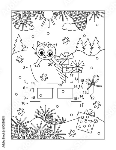 Santa's sledge, gifts or presents, kitten and lost box. Connect the dots picture riddle and coloring page. Winter holidays, Christmas, New Year. Black and white, printable.

