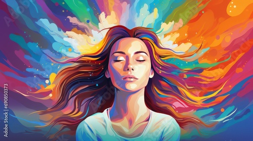meditating woman in colorful background